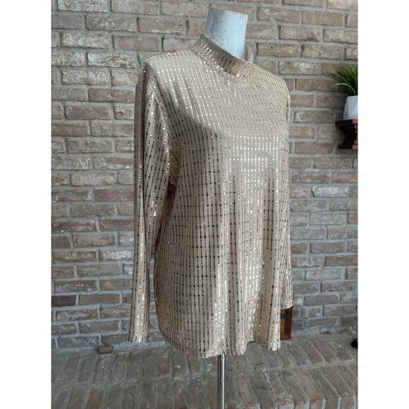 Anne Klein sequin mock neck top in gold metallic long sleeve stretch blouse. - Picture 3 of 5